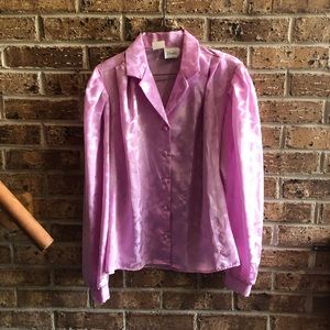 Vintage Pink Floral Damask Satin Dress Shirt Blouse 
Size medium